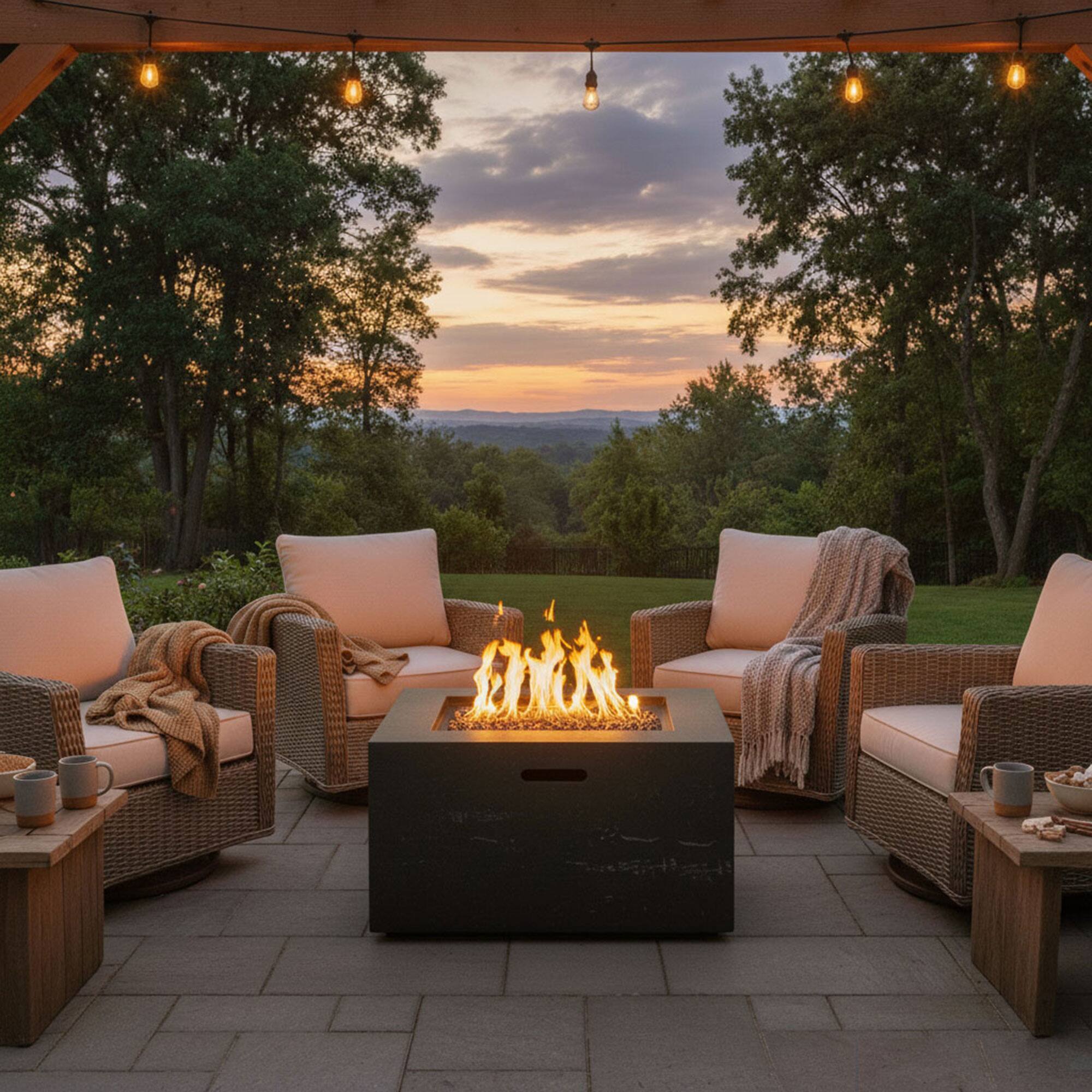Angle. Whisen - 24.02" MGO Propane Fire Pit & Side Table Set, 40,000 BTU Outdoor Gas Fireplace with Tank Cover - Black|Light Grey.