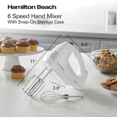 Hamilton Beach  
6 Speed Hand Mixer  
With Snap-On Storage Case  

8.6"  
11"  
3.8"
