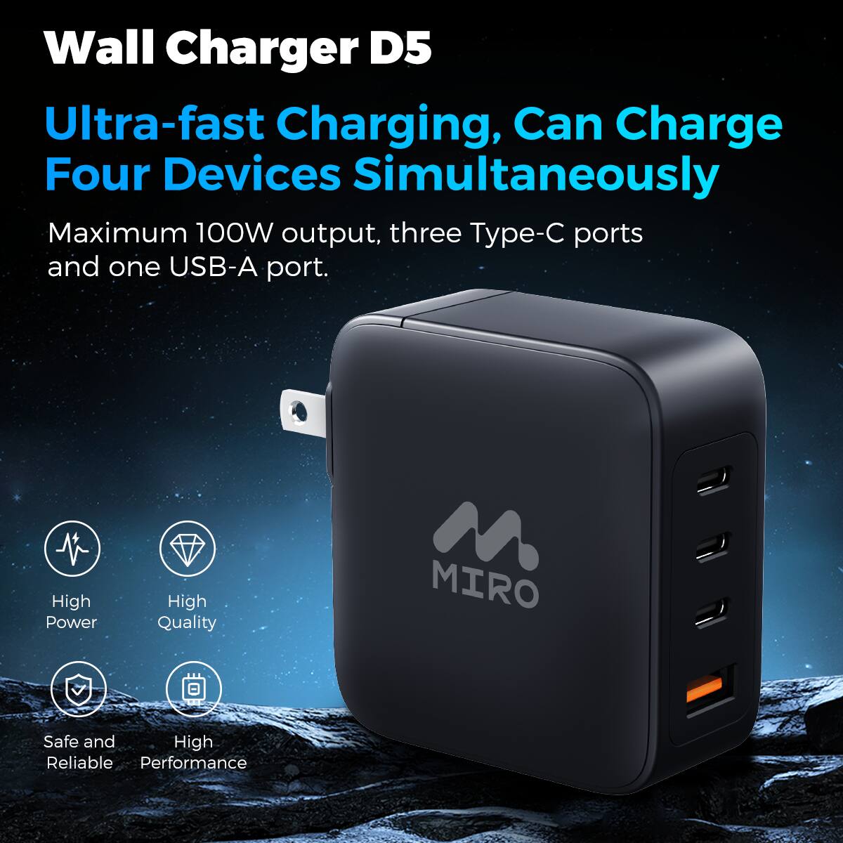 Wall Charger D5 Ultra-fast Charging, Can Charge Four Devices Simultaneously
Maximum 100W output, three Type-C ports and one USB-A port.
High Power
High Quality
Safe and Reliable
High Performance