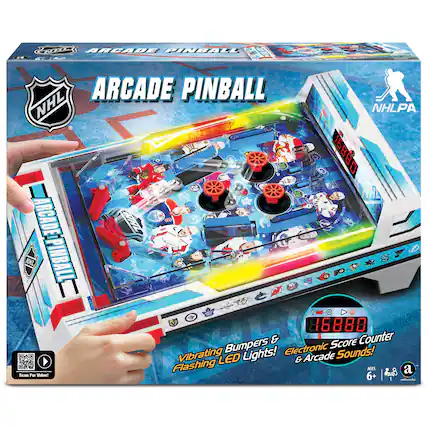 NHL Arcade Pinball is a fun and interactive game that features a score counter, bumpers, and LED lights. The game is designed for ages 8 and up and can be played by one or two players. The electronic sounds and vibrating LED lights add to the excitement of the game. The game is packaged in a box that includes a video demonstration, making it easy for players to learn how to play.