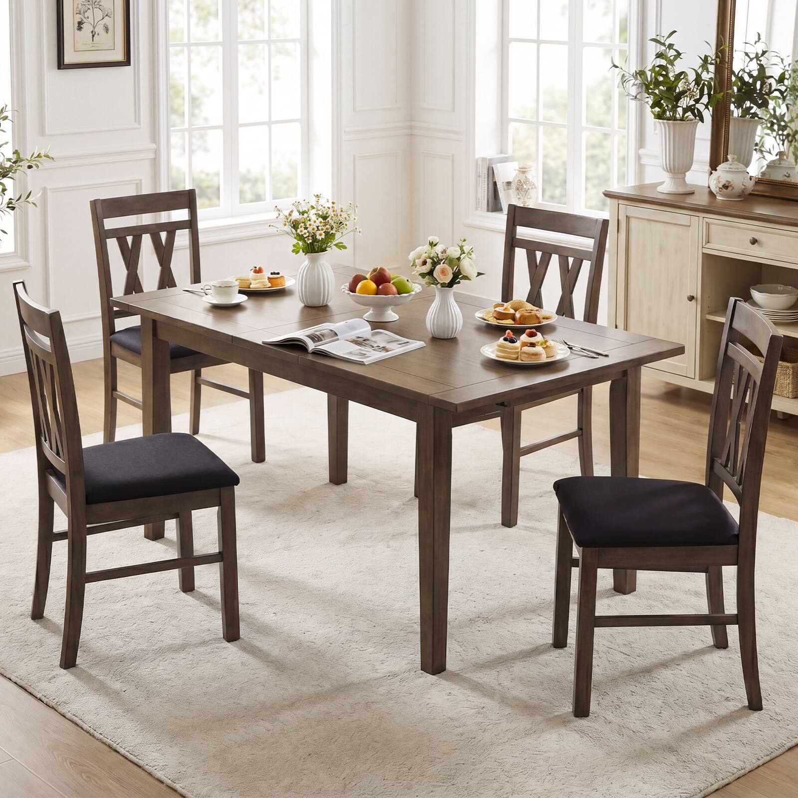 Alt View 4. Costway - Costway Dining Chairs Set of 4 with Solid Rubber Wood Frames for Dining Room, Living Room - Rustic Gray + Black.