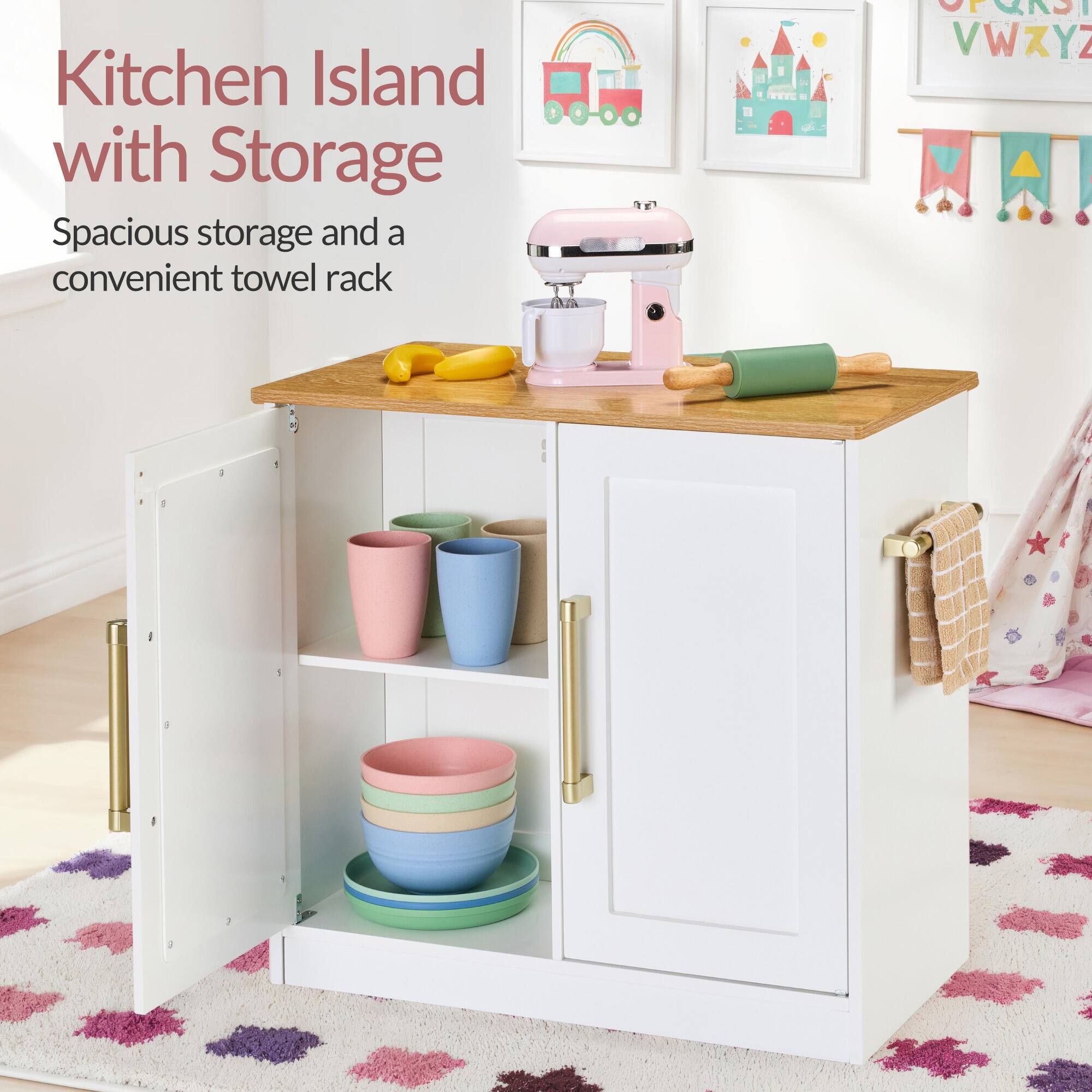 Kitchen Island with Storage  
Spacious storage and a convenient towel rack