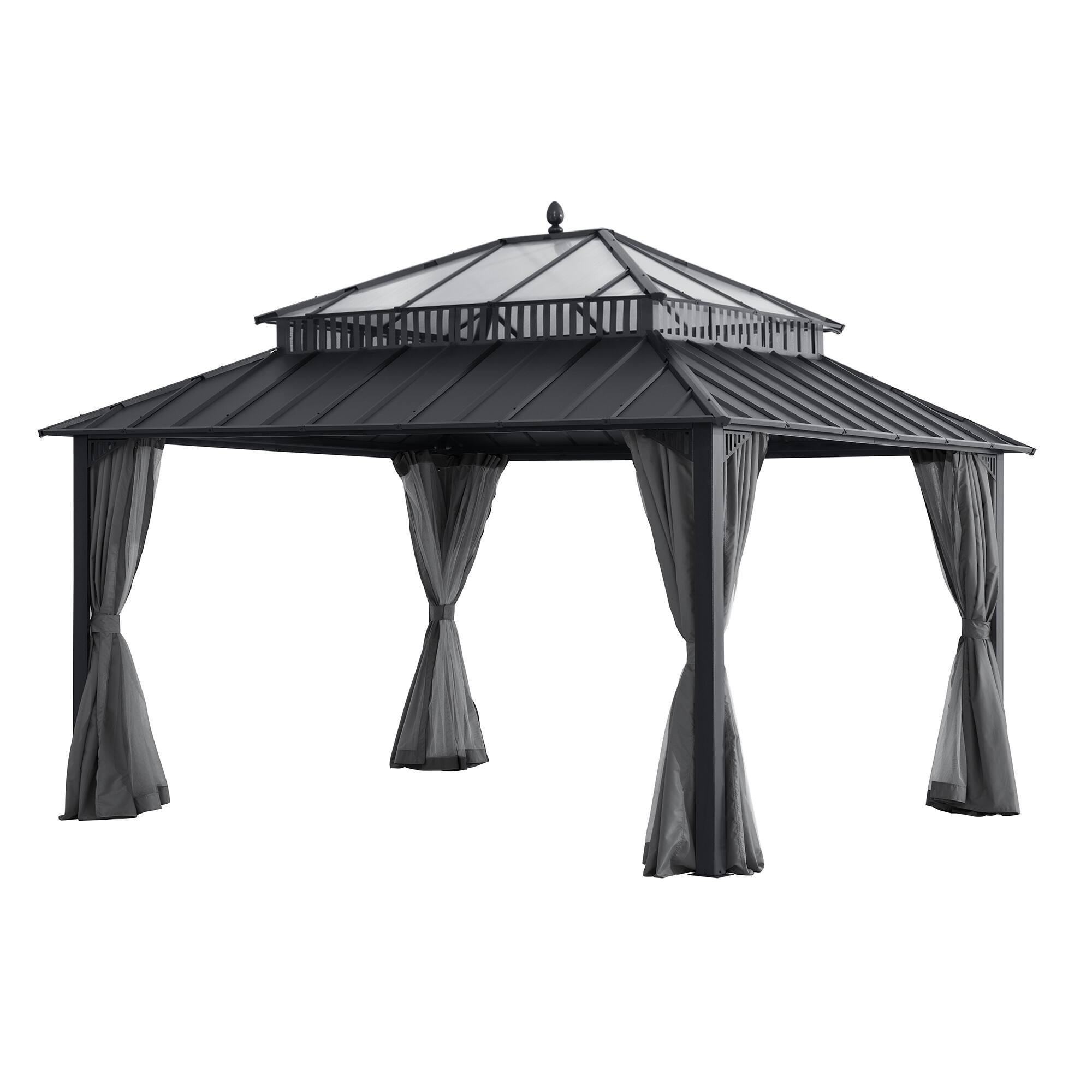 Angle. SUNJOY - SUNJOY Kingston 14x12 Gazebo, Steel & PC Roof Hardtop Gazebo with Curtain and Netting - Gray Aluminum Posts.