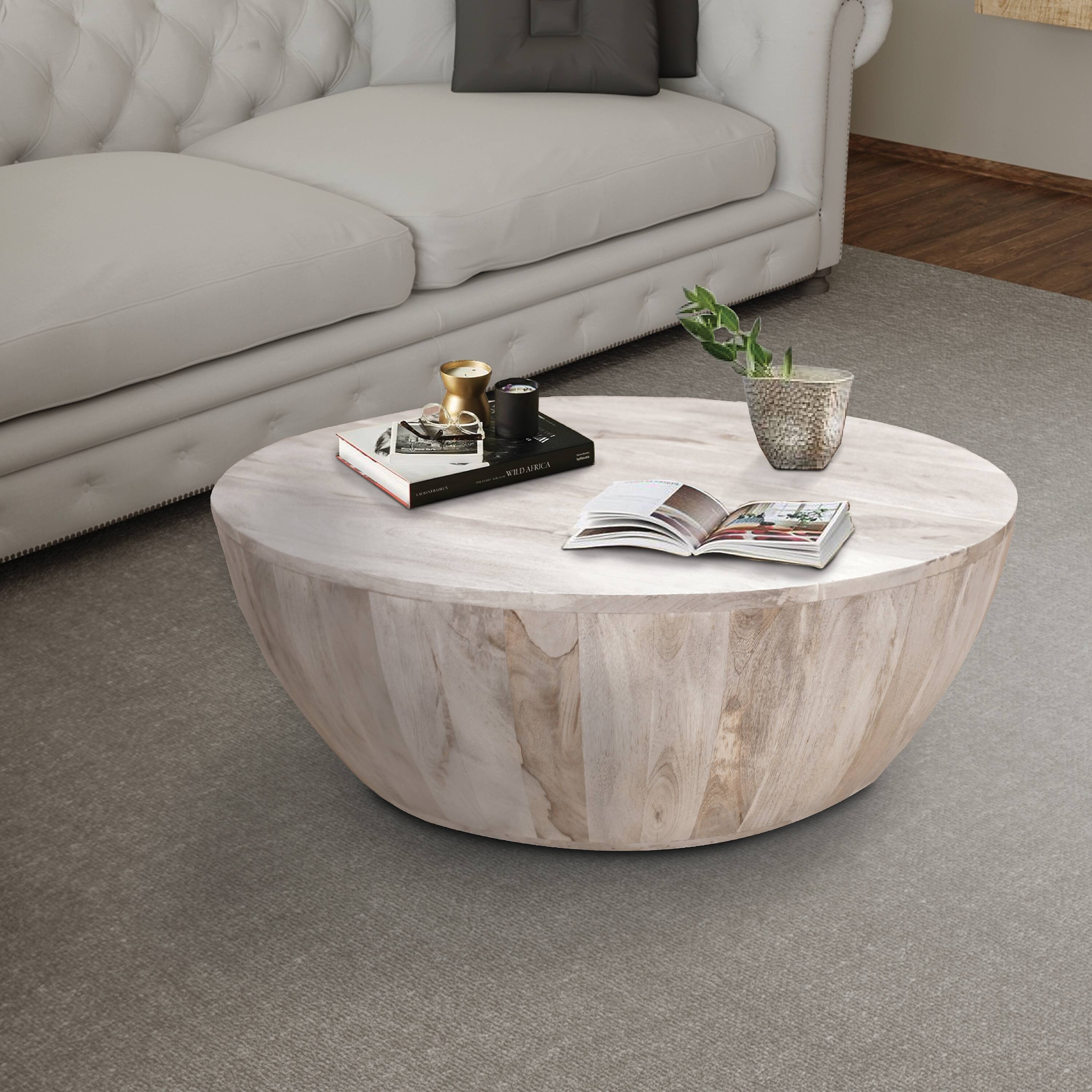 Alt View 7. Manhattan Lane - Arthur 35.5 Inch Round Mango Wood Coffee Table, Subtle Grains - Distressed White.