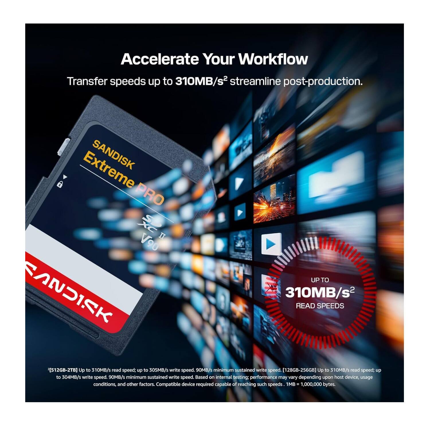 Accelerate Your Workflow  
Transfer speeds up to 310MB/s² streamline post-production.  

SANDISK PRO II V90  
FANDISK UP TO 310MB/s² READ SPEEDS  

[512GB-2TB]  
Up to 310MB/s read speed; up to 305MB/s write speed.  
90MB/s minimum sustained write speed.  

[128GB-256GB]  
Up to 310MB/s read speed.  

Based on internal testing; performance may vary depending upon host device, usage conditions, and other factors.  
Compatible device required capable of reaching such speeds.  
1MB = 1,000,000 bytes.