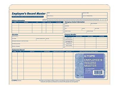 Employee's Record Master

Address Information
- Address
- City
- State
- Zip

Emergency Contact Information
- Name
- Relationship
- Phone

Education
- Degree
- Institution
- Graduation Date

Company Benefits
- Benefit
- Effective Date
- Expiration Date

Employment Record
- Date
- Position
- Department
- Salary

CTOPS
EMPLOYEE'S RECORD MASTER
Expandable
15 File Tabs
10" x 15"
