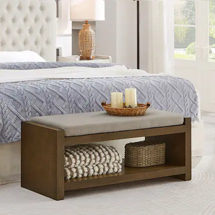 Front. Ropilly - Ropilly 40 Inch Storage Bench with Shoe Rack, Linen Padded Bed End Bench, Modern Accent Seating with Removable Cushion - Linen.