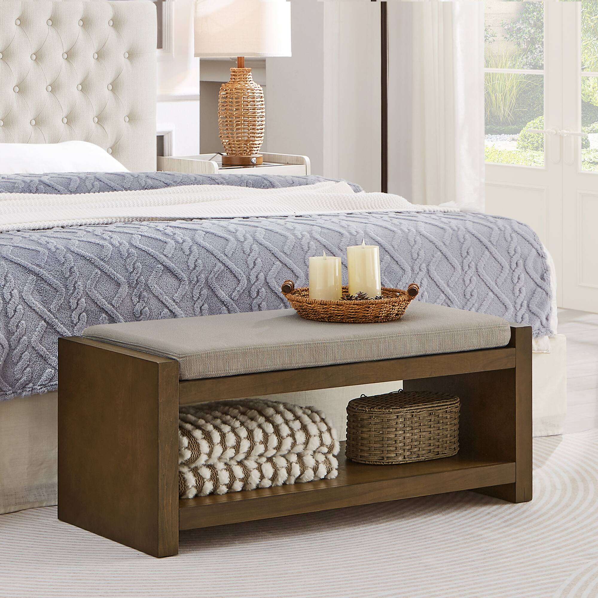 Front. Ropilly - Ropilly 40 Inch Storage Bench with Shoe Rack, Linen Padded Bed End Bench, Modern Accent Seating with Removable Cushion - Linen.