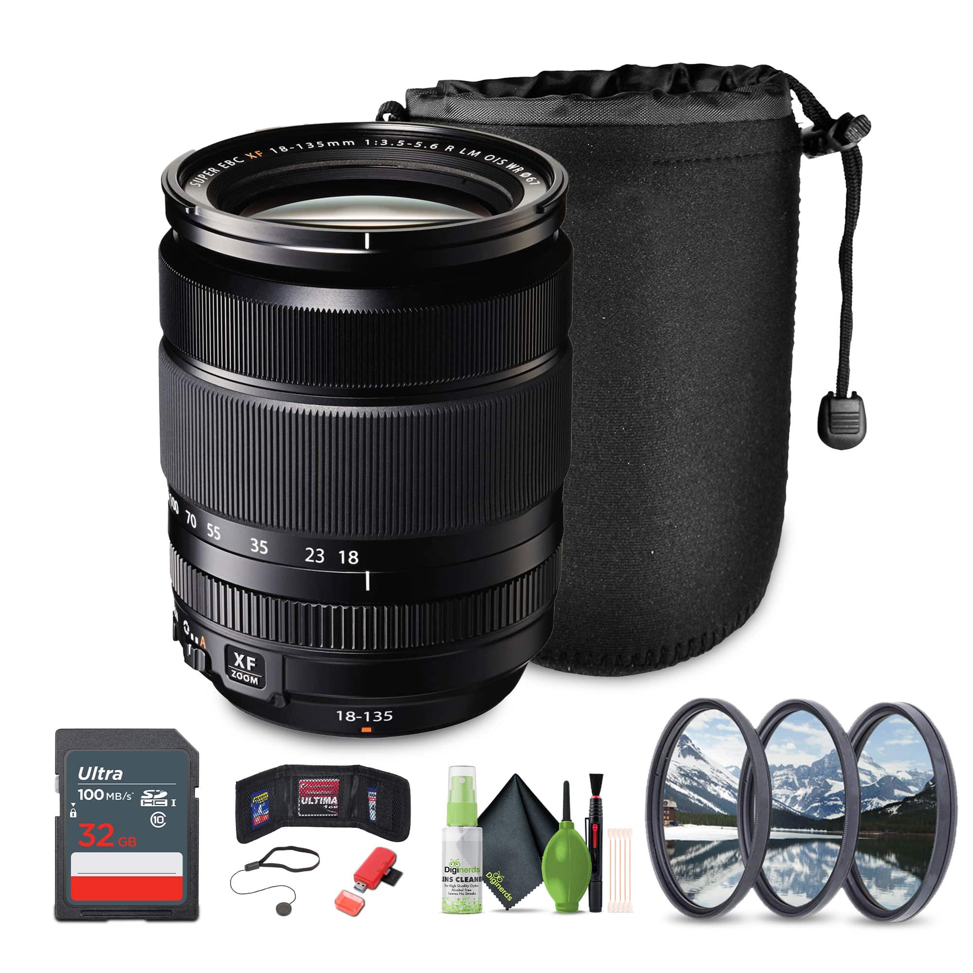 Fujifilm - XF 18-135mm f/3.5-5.6 R LM OIS WR Lens, 32GB Memory Card, Bundle - Black