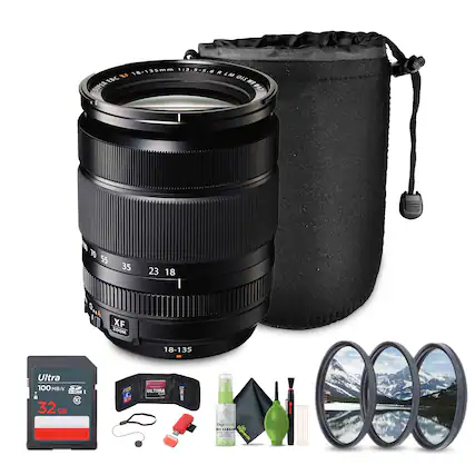 Sure, here is the corrected and grouped text from the image:
**Lens:**
- XF 18-135mm f/3.5-5.6 R LM OIS WR
- SUPER EBC
- 70 55 35 23 18 9
**Memory Card:**
- Ultra
- 32GB
- 100MB/s
**Accessories:**
- DIGICLEANER
- ULTRA
- Cleaning cloth
- Lens cleaning solution
- Lens cleaning brush
- Lens cleaning pen
- Lens cleaning wipes
- Lens hood
- Lens cap
- Lens filter (3x)