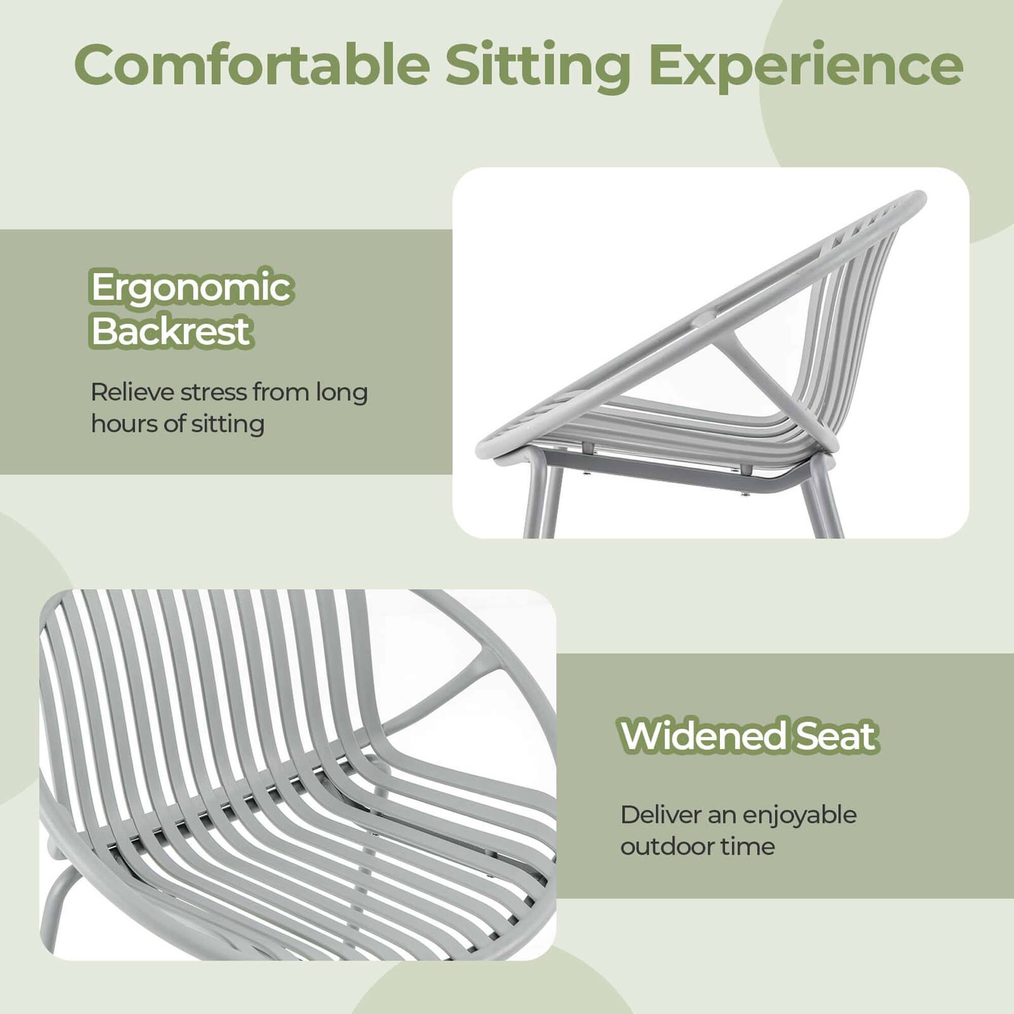 The text on the image is already grouped and correctly written. It reads: "Comfortable Sitting Experience Ergonomic Backrest Relieve stress from long hours of sitting Widened Seat Deliver an enjoyable outdoor time."