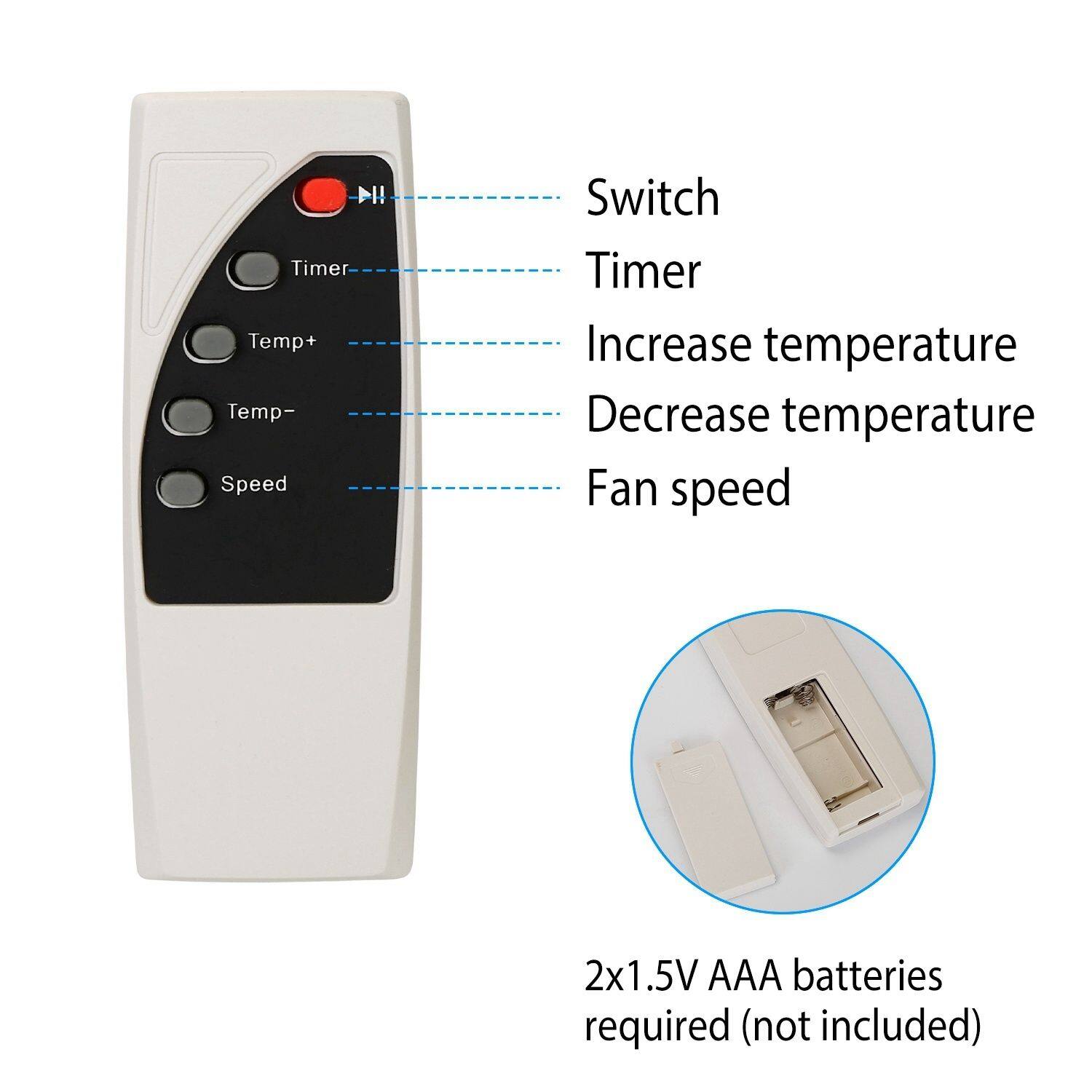 - Switch
- Timer
- Increase temperature
- Decrease temperature
- Fan speed
- 2x1.5V AAA batteries required (not included)