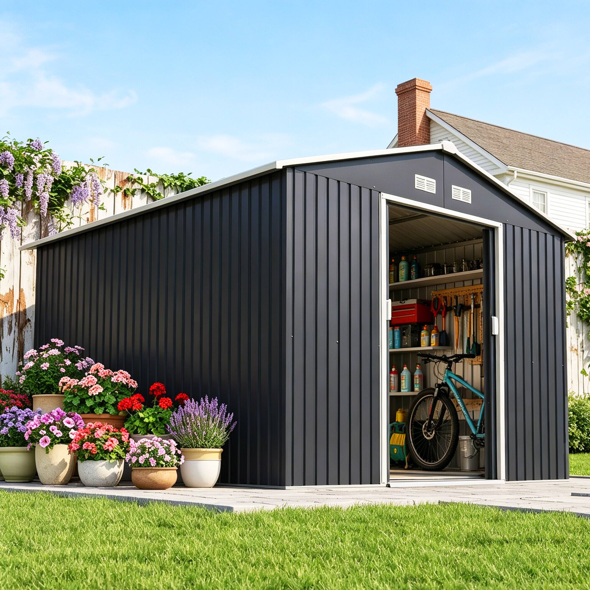 Alt View 1. Outsunny - x 9' Outdoor Storage Shed, Garden Tool Metal Shed with Foundation Kit, Double Lockable Door.