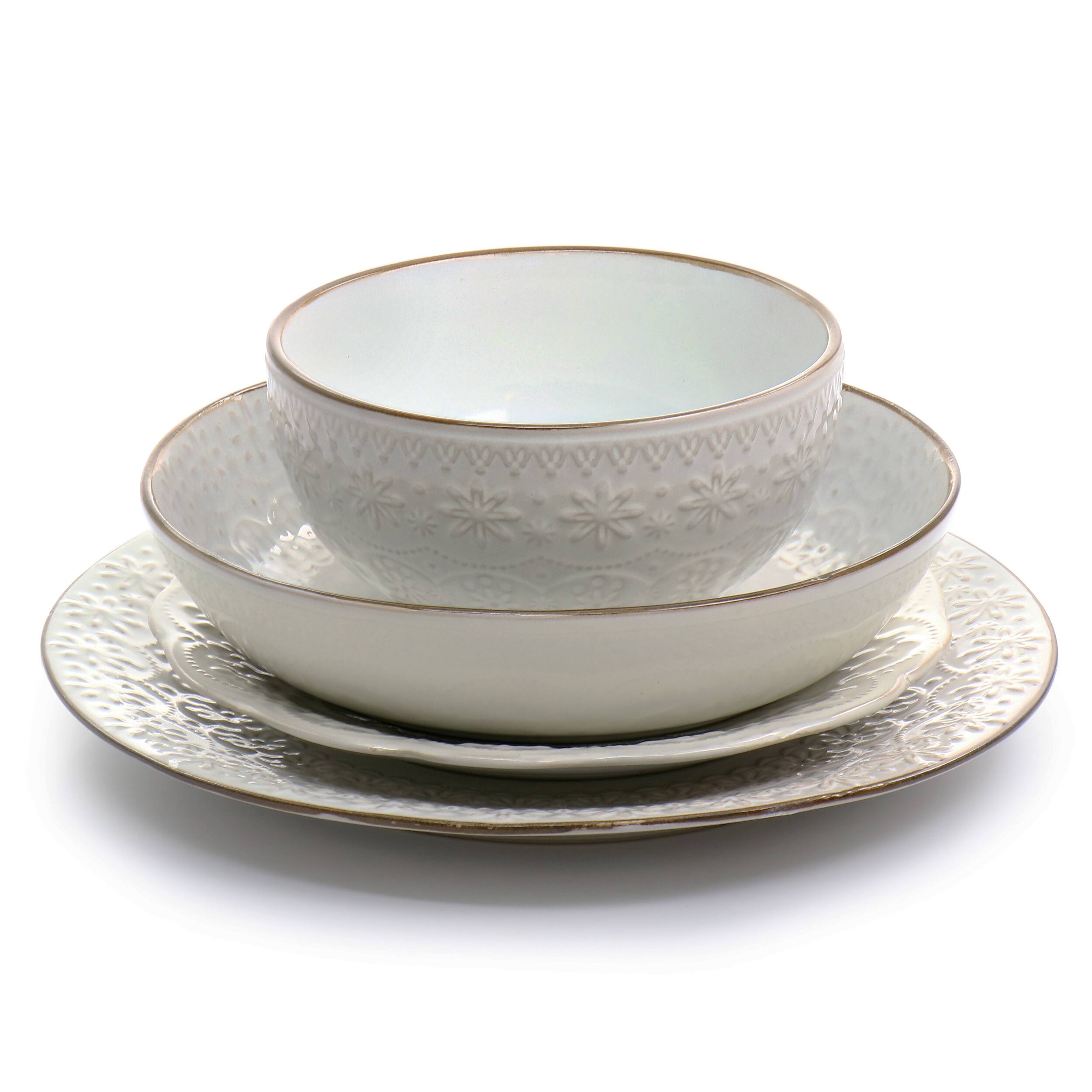 Alt View 1. Elama - Elama Countess 16 Piece Embossed Double Bowl Stoneware Dinnerware Set in Ivory - Ivory.