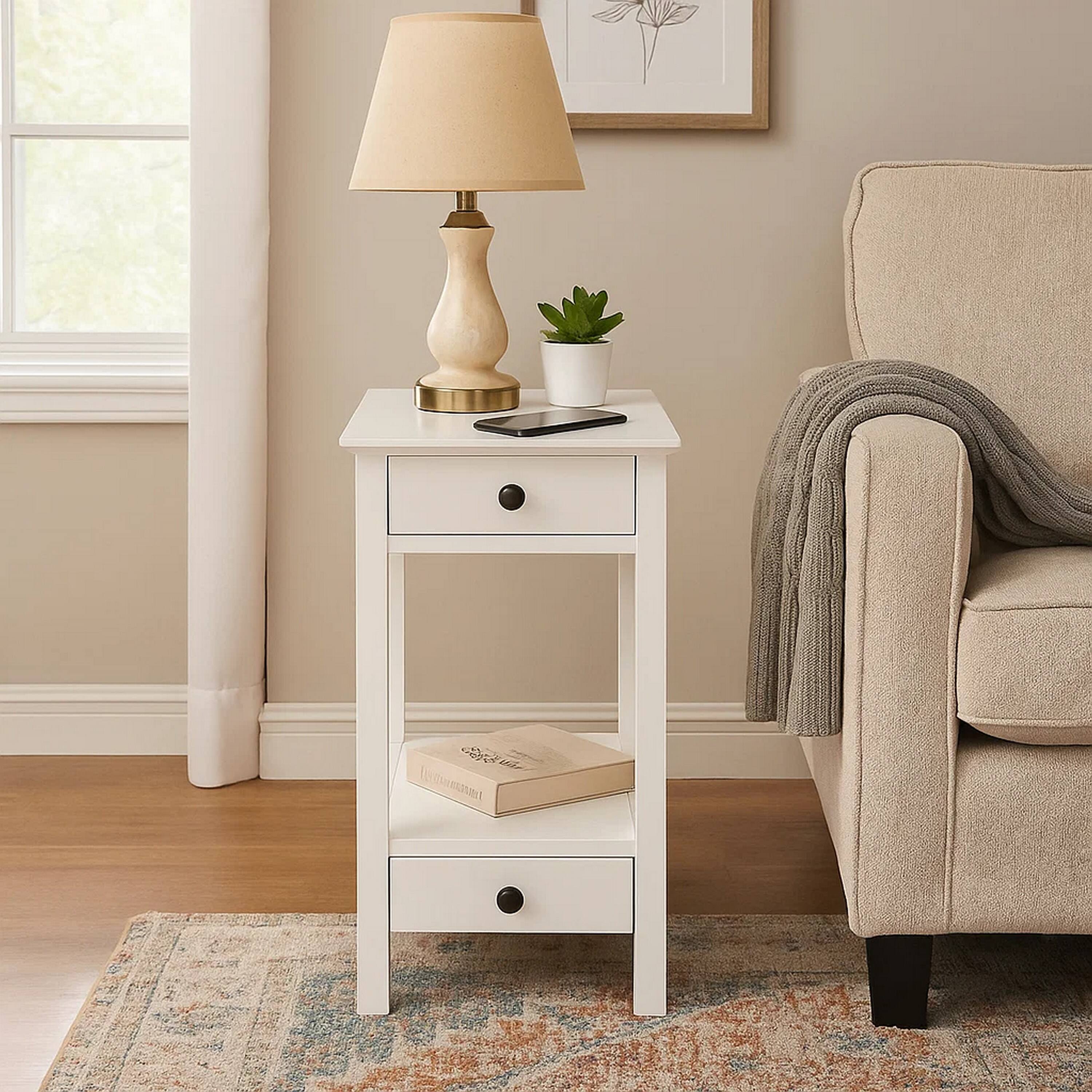 Alt View 6. Manhattan Lane - Wooden Frame Side Table with 2 Drawers and 1 Bottom Shelf - White.