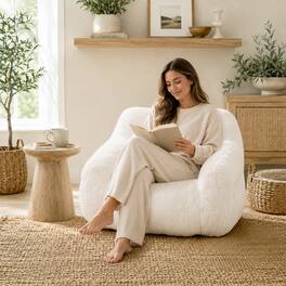 Vipbear - Bean Bag Chair with Pillow for Adults, Faux Fur Accent Chair with Pocket & Handle, Ergonomic Single Sofa Chair - Off-white