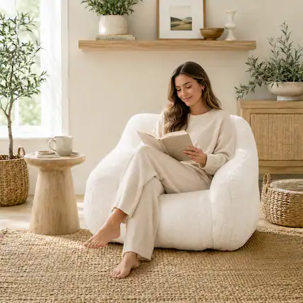 Front. Vipbear - Bean Bag Chair with Pillow for Adults, Faux Fur Accent Chair with Pocket & Handle, Ergonomic Single Sofa Chair - Off-white.