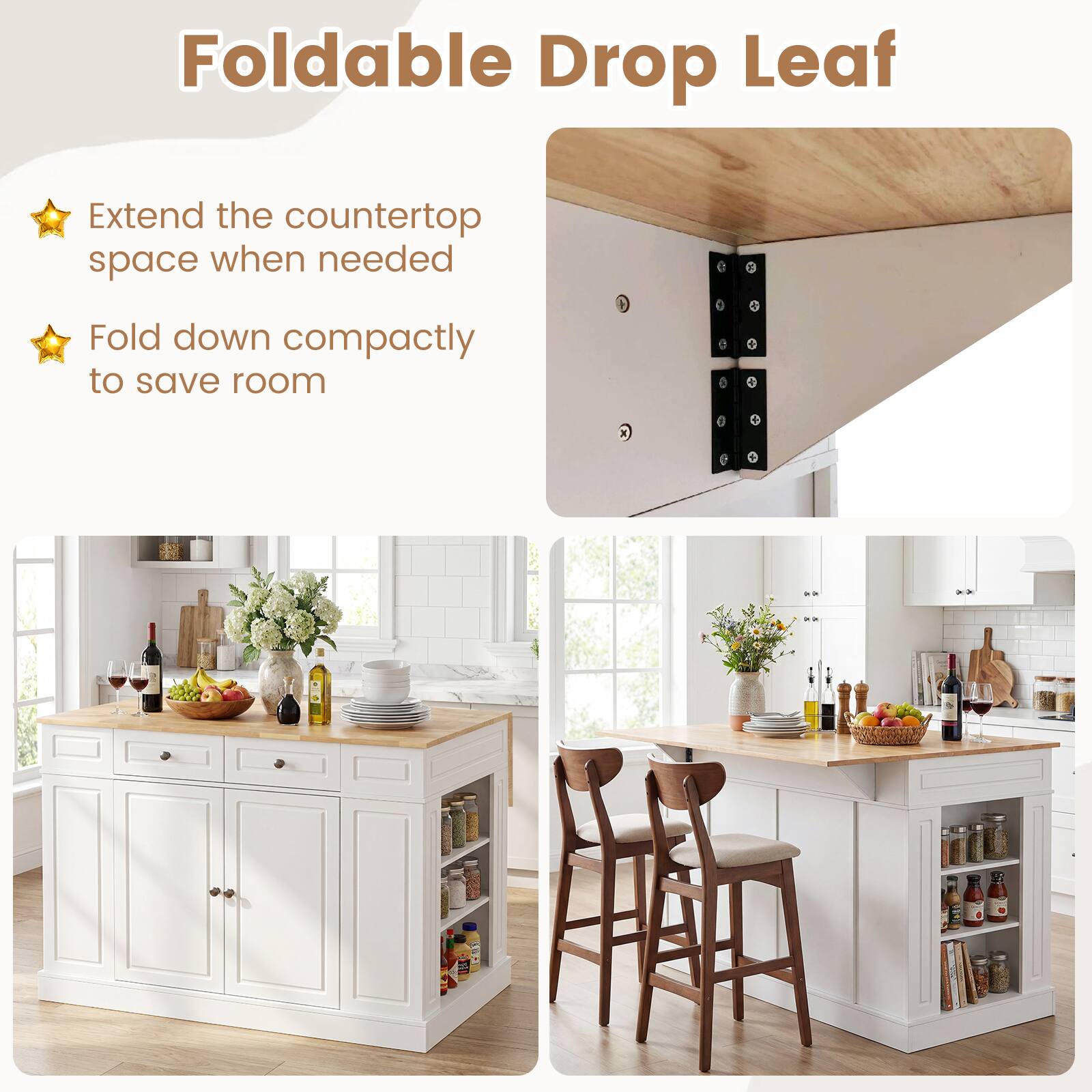 Foldable Drop Leaf

- Extend the countertop space when needed
- Fold down compactly to save room