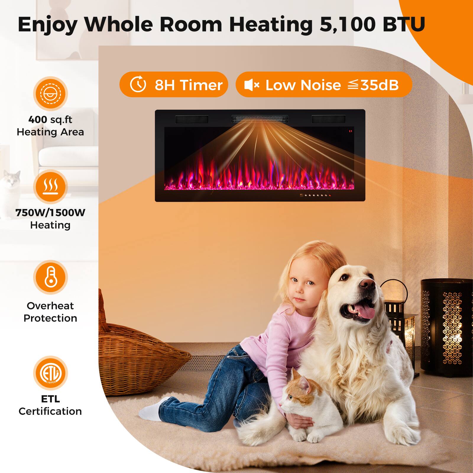 Enjoy Whole Room Heating 5,100 BTU  
8H Timer  
Low Noise ≤35dB  
400 sq.ft Heating Area  
750W/1500W Heating  
Overheat Protection  
ETL Certification