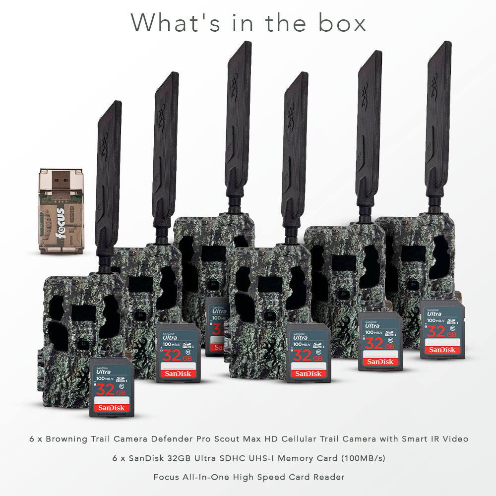 The text in the image is:

"What's in the box

6 x Browning Trail Camera Defender Pro Scout Max HD Cellular Trail Camera with Smart IR Video
6 x SanDisk 32GB Ultra SDHC UHS-I Memory Card (100MB/s)
Focus All-In-One High Speed Card Reader"