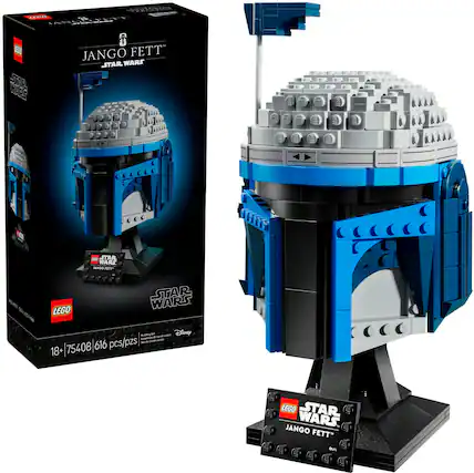 The image features a blue Lego Star Wars Jango Fett set, which includes a blue dome and a stand. The set is designed for building and playing with, and it is suitable for ages 18 and up. The Lego set is displayed next to its box, which has a picture of the completed model on the front. The box also contains a small booklet, which likely provides instructions and information about the set.