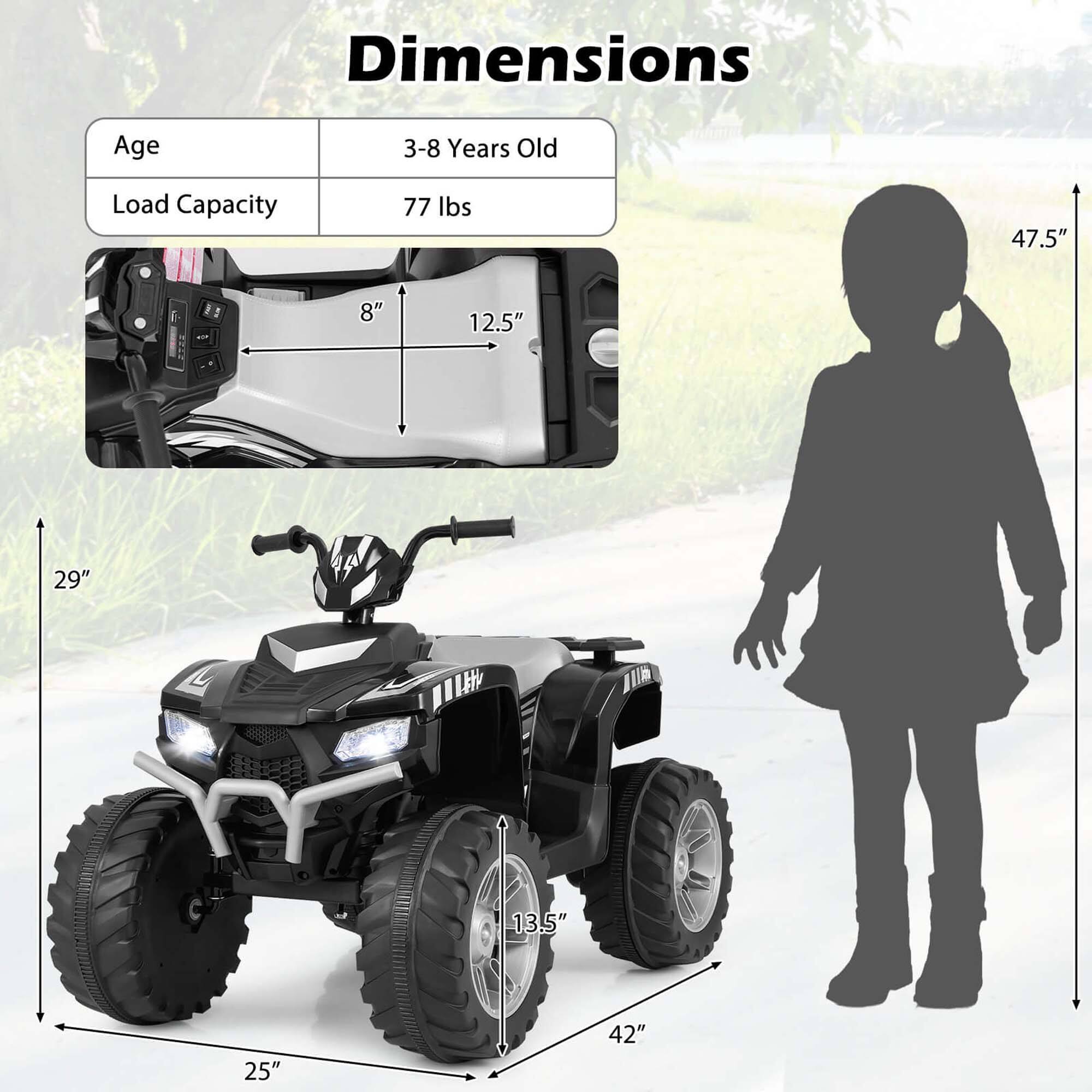 Dimensions  
Age: 3-8 Years Old  
Load Capacity: 77 lbs  

8" x 12.5"  
29" x 25" x 42"  
47.5"