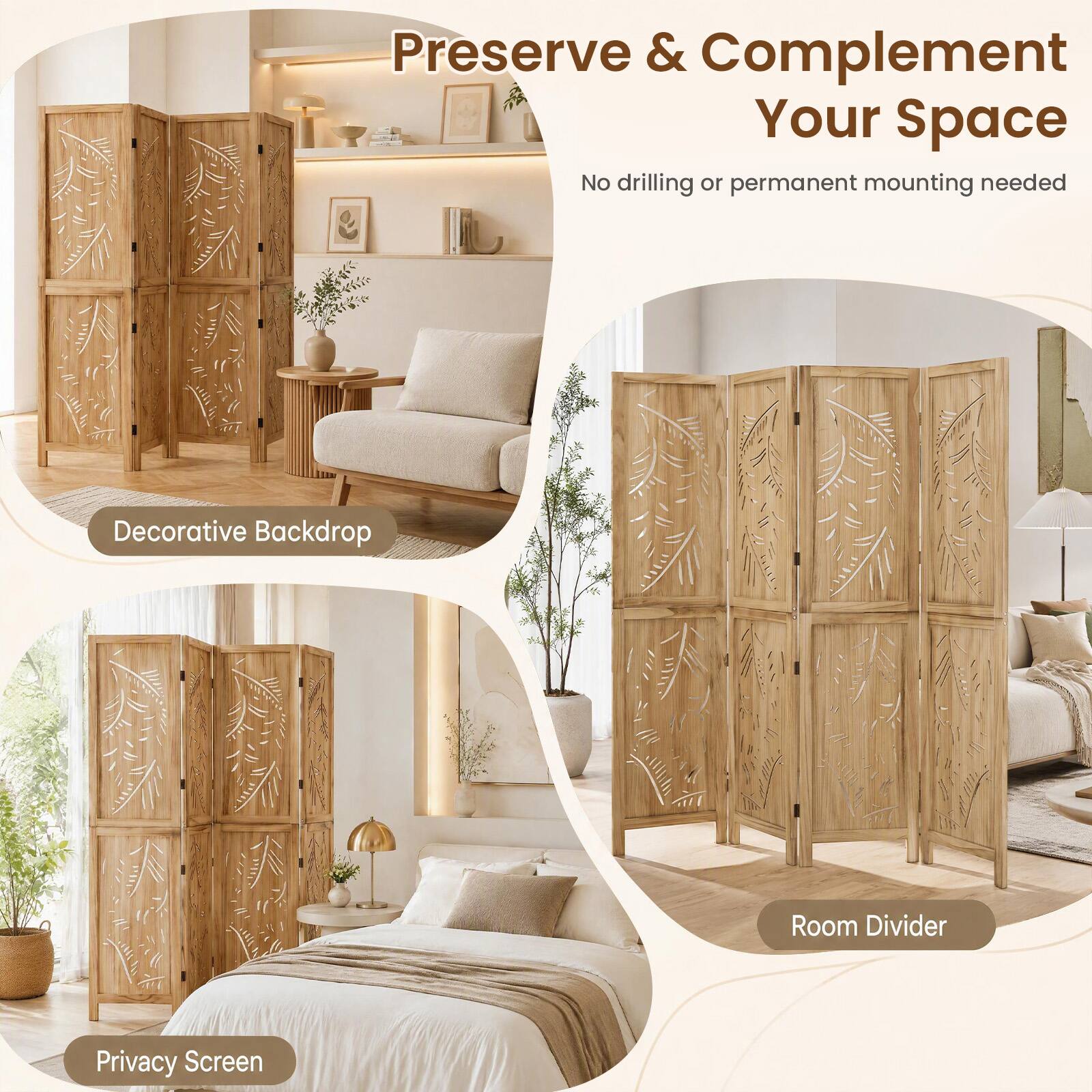 Costway 4 Panel Wooden Room Divider Privacy Screen with Palm Leaf ...
