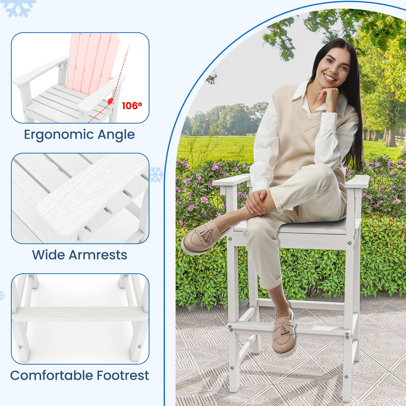 106° Ergonomic Angle  
Wide Armrests  
Comfortable Footrest