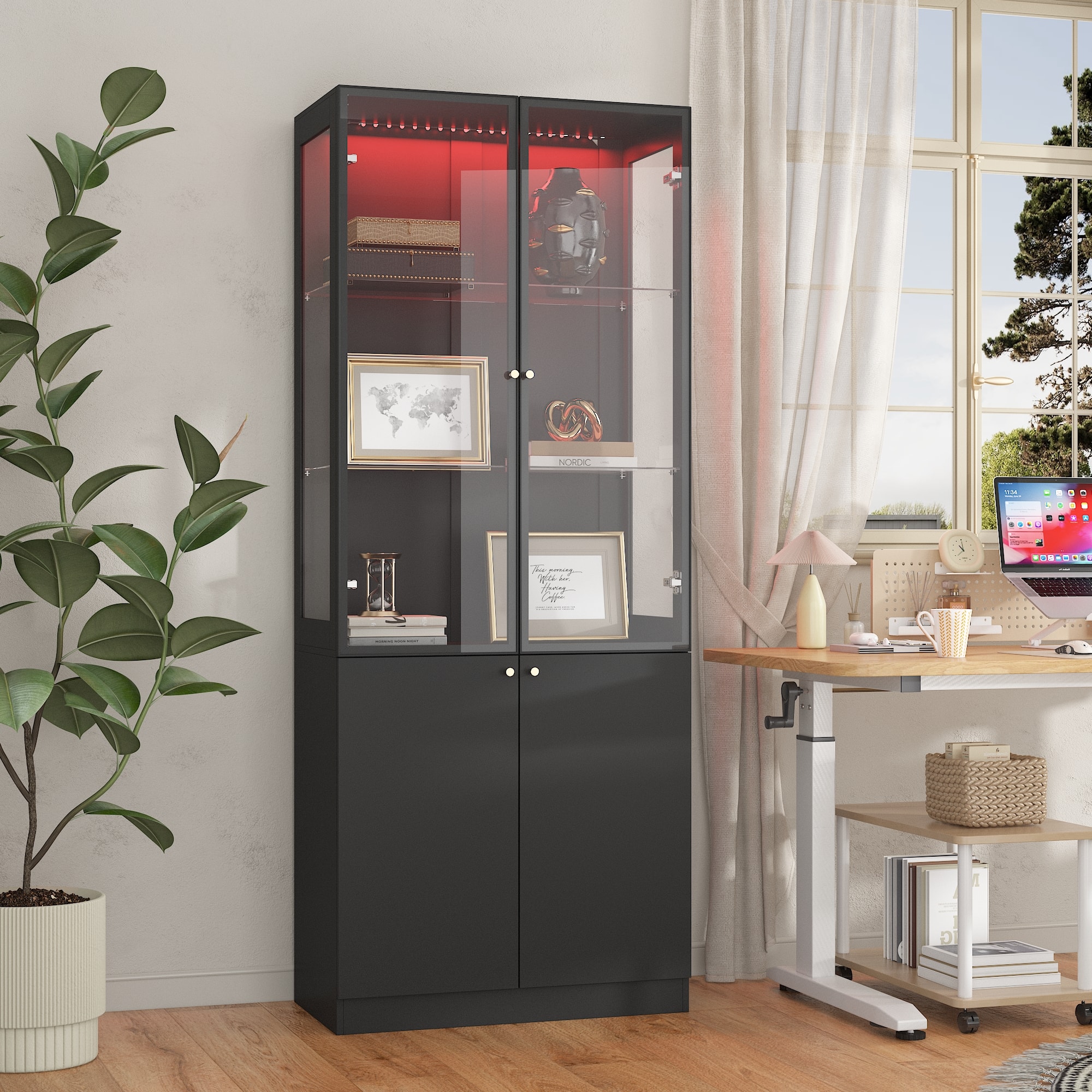 Famapy - Multi-Functional Glass Display Cabinet with LED Lighting, Adjustable Shelves, Drawers & Versatile Storage - Black