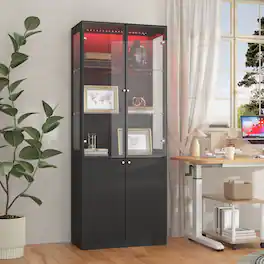Famapy - Multi-Functional Glass Display Cabinet with LED Lighting, Adjustable Shelves, Drawers & Versatile Storage - Black