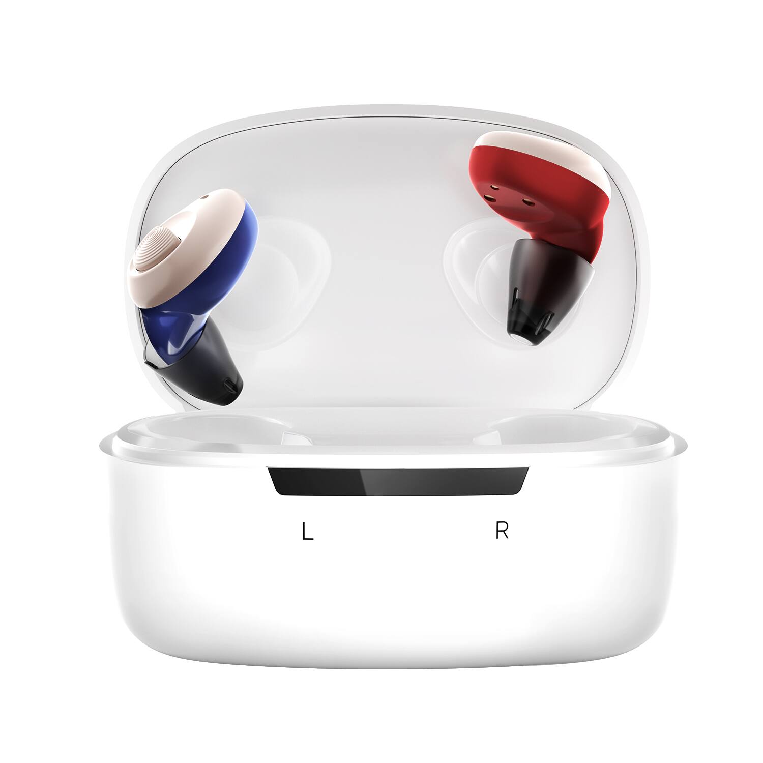 Angle. Ceretone - Torch OTC Hearing Aids – Rechargeable, Wind Noise Reduction, 5 Preset Programs, Lightweight Design - The left is blue.The right is red..