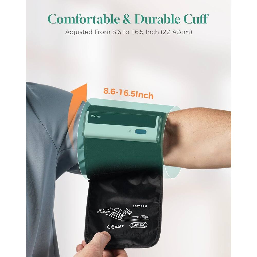 Comfortable & Durable Cuff  
Adjusted From 8.6 to 16.5 Inch (22-42cm)  

8.6-16.5 Inch  

Wellue  

LEFT ARM  
C0197  
LATEX