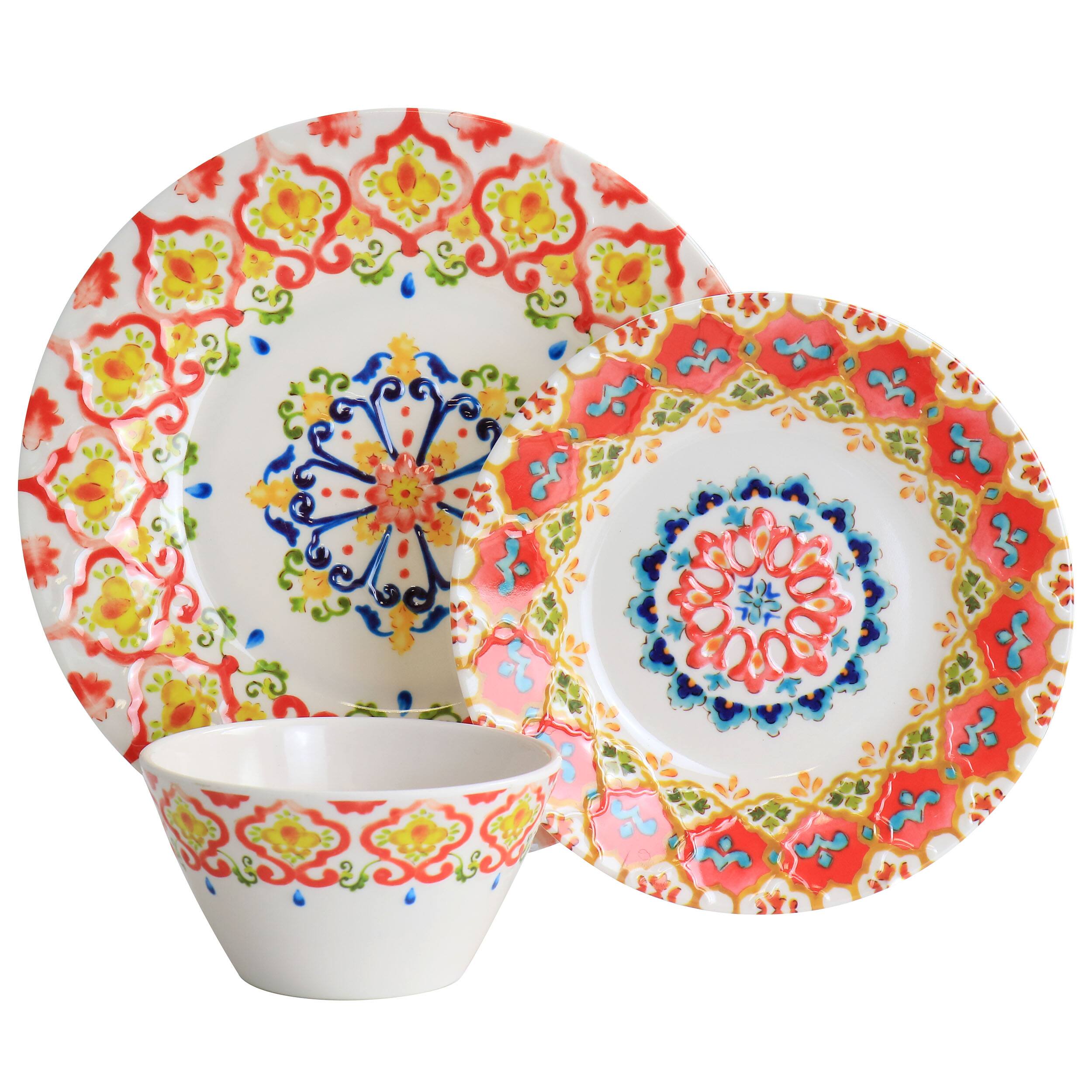 Alt View 1. Laurie Gates - Laurie Gates California Designs Tamayo 12 Piece Melamine Dinnerware Set in Multi-Color - White/Red/yellow/Blue.