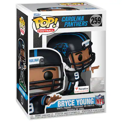 The text on the image is:
"POOP POP! Oke Funko CAROLINA 259 O TOP! PANTHERS OTTA FOOTBALL CAROLINA 9 NFL R Fanatics EXCLUSIVE 0UG EA BRYCE YOUNG NFL FIGURINE EN VINYLE FIGURE / VINYL DE VINIL FIGURA PELIGRO DE ASFIXIA D'TOUFFEMENT. A ADVERTENCIA: para niños menores de 36 meses. DANGER pequetas. N n adecsado HAZARD. A ATTENTION: 3a enfants de moins de 36 mois. Partes WARNING: CHOKING Petites pices. convient pas chidren under 3E months Not sutable t Smal parts"
Corrected and grouped text:
"POP! Oke Funko CAROLINA 259 PANTHERS FOOTBALL CAROLINA 9 NFL R Fanatics EXCLUSIVE BRYCE YOUNG NFL FIGURINE EN VINYLE FIGURE / VINYL DE VINIL FIGURA PELIGRO DE ASFIXIA. ADVERTENCIA: para niños menores de 36 meses. DANGER: CHOKING HAZARD. ATTENTION: 3a enfants de moins de 36 mois. WARNING: CHOKING Petites pièces. convient pas children under 36 months. Not suitable for small parts."