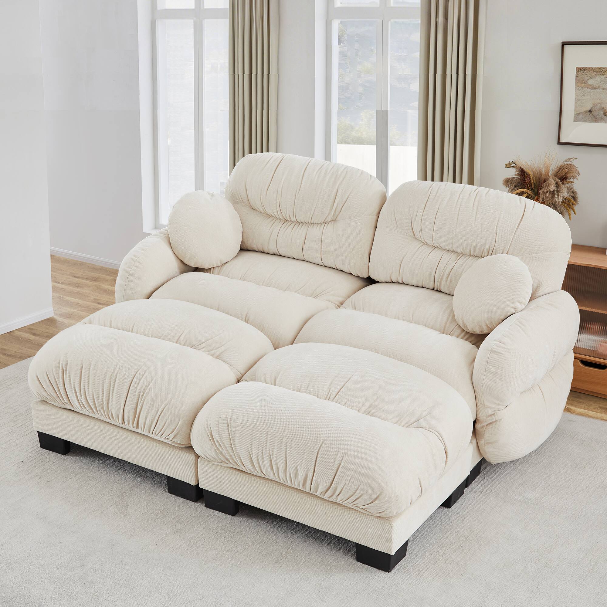 Angle. Anysun - L Shape 2-Seater Modular Sofa with 2 Ottomans, High-Density Foam & Curved Armrests, Pleated Design for Living Room - Beige.