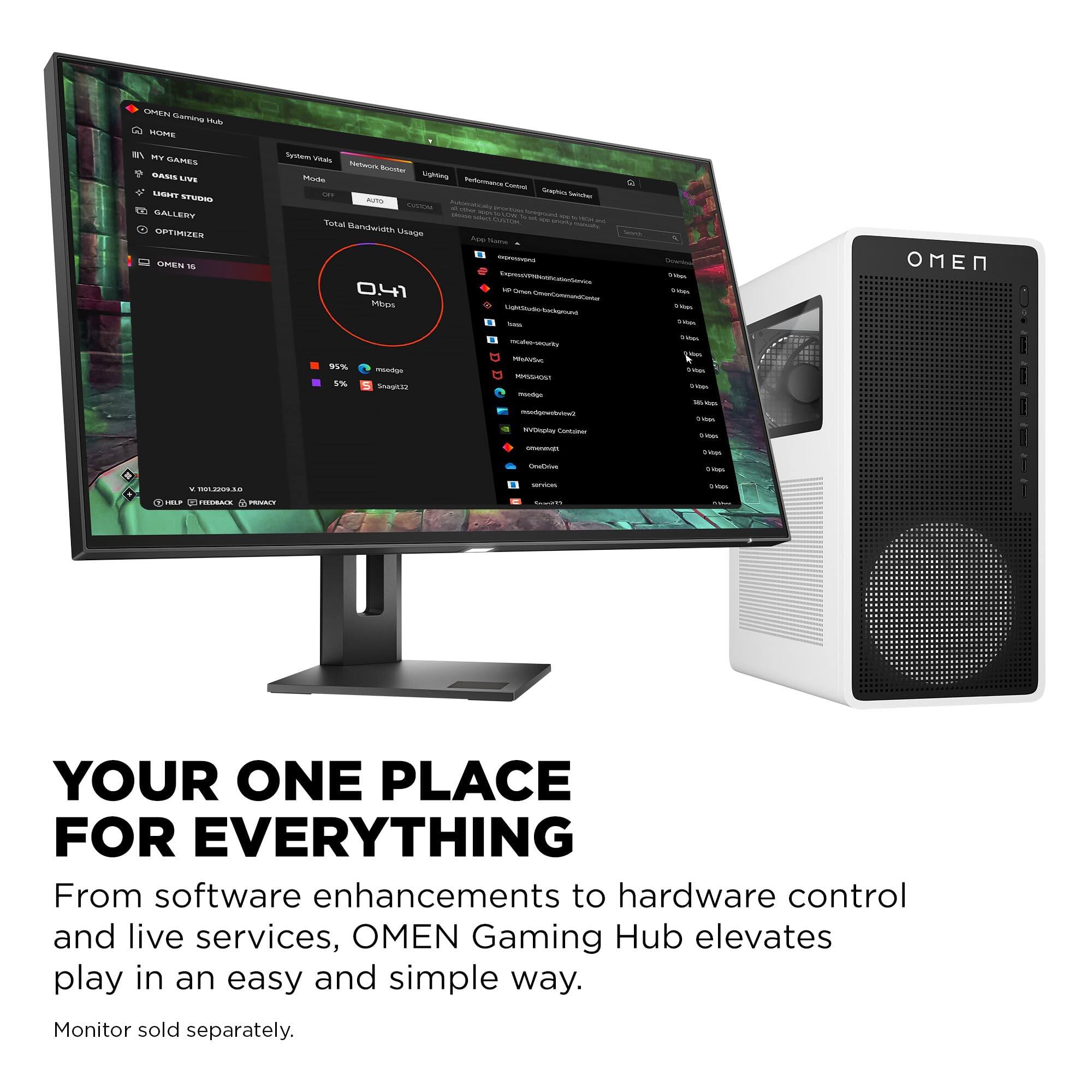 OMEN Gaming Hub elevates play in an easy and simple way. Monitor sold separately.

From software enhancements to hardware control and live services, OMEN Gaming Hub elevates play in an easy and simple way. Monitor sold separately.