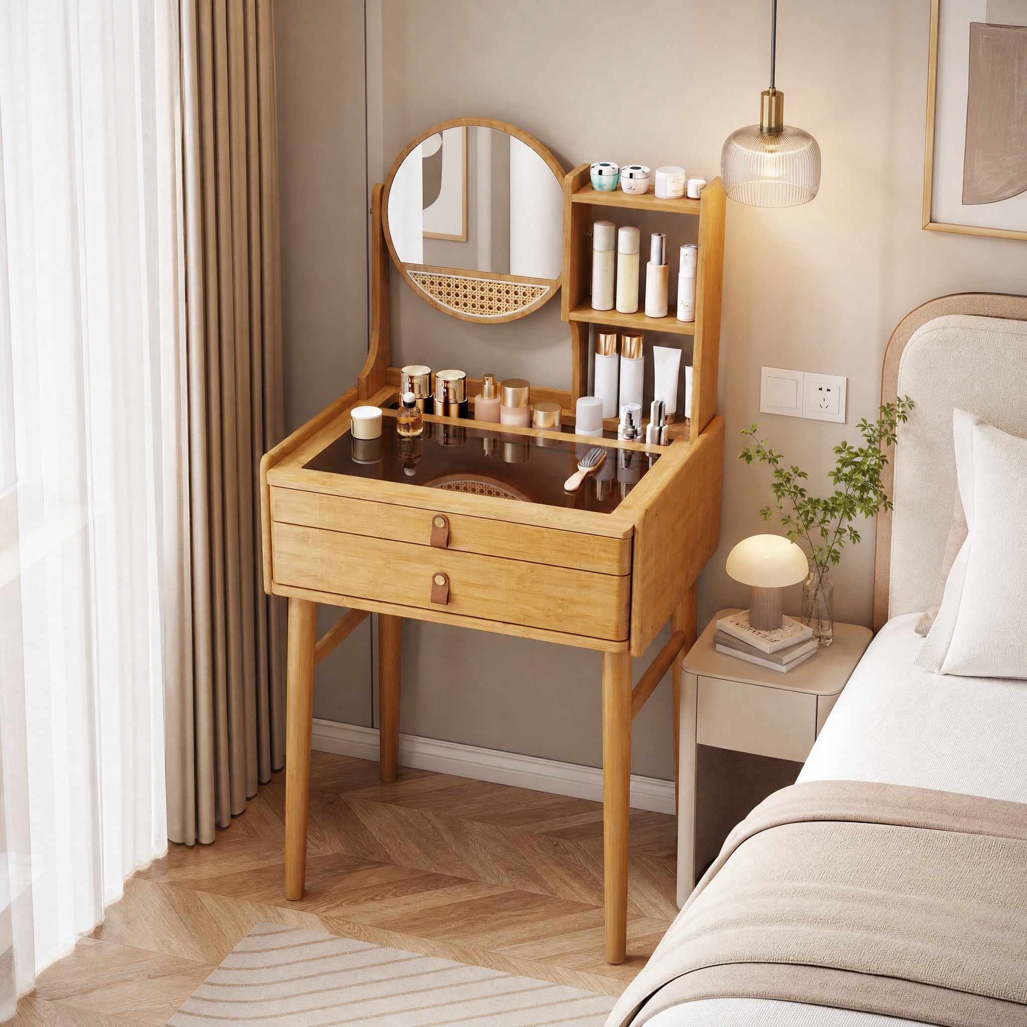 WELLFOR - 23.5‑in Compact Bamboo Makeup Vanity Desk with 360° Rotatable Round Mirror, Tempered Glass Tabletop & 2 Drawers - Natural