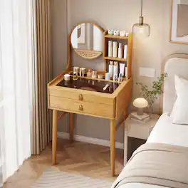 WELLFOR - 23.5‑in Compact Bamboo Makeup Vanity Desk with 360° Rotatable Round Mirror, Tempered Glass Tabletop & 2 Drawers - Natural