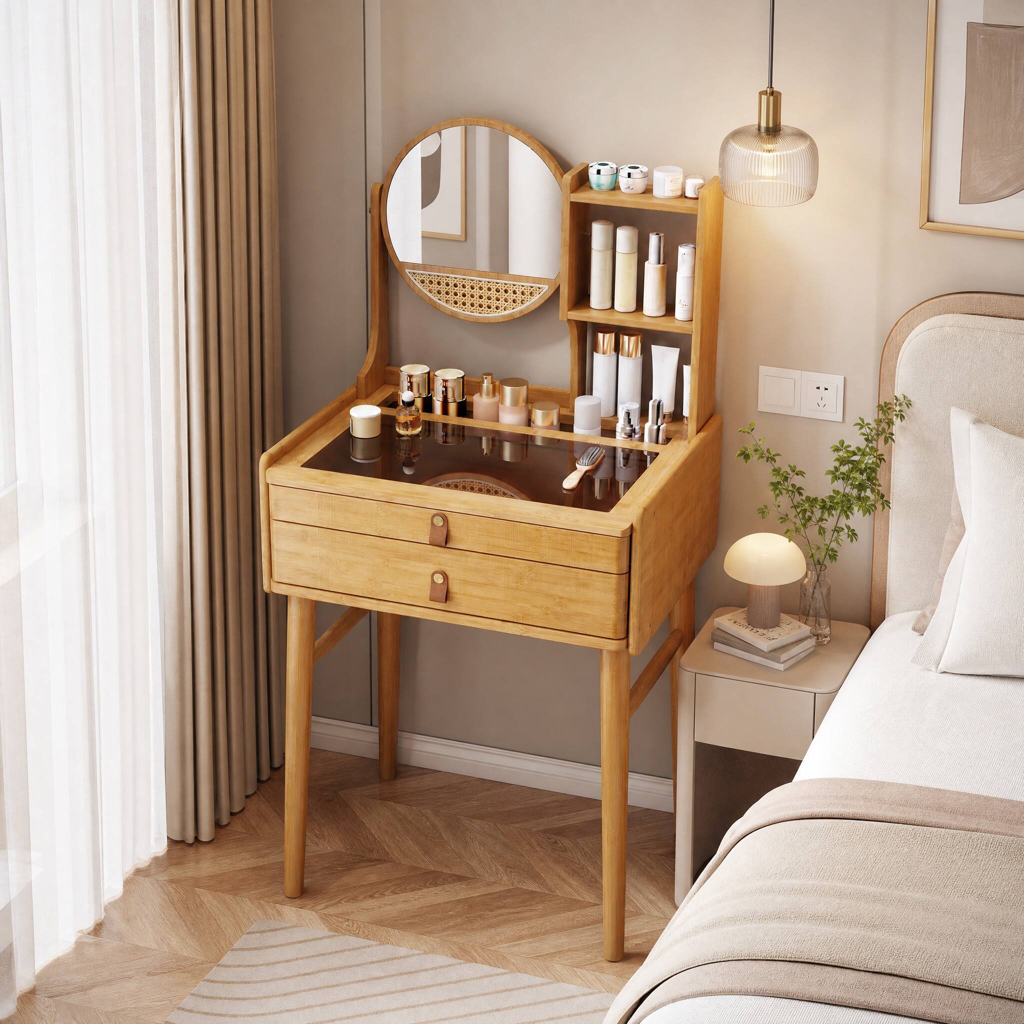 Front. WELLFOR - 23.5‑in Compact Bamboo Makeup Vanity Desk with 360° Rotatable Round Mirror, Tempered Glass Tabletop & 2 Drawers - Natural.
