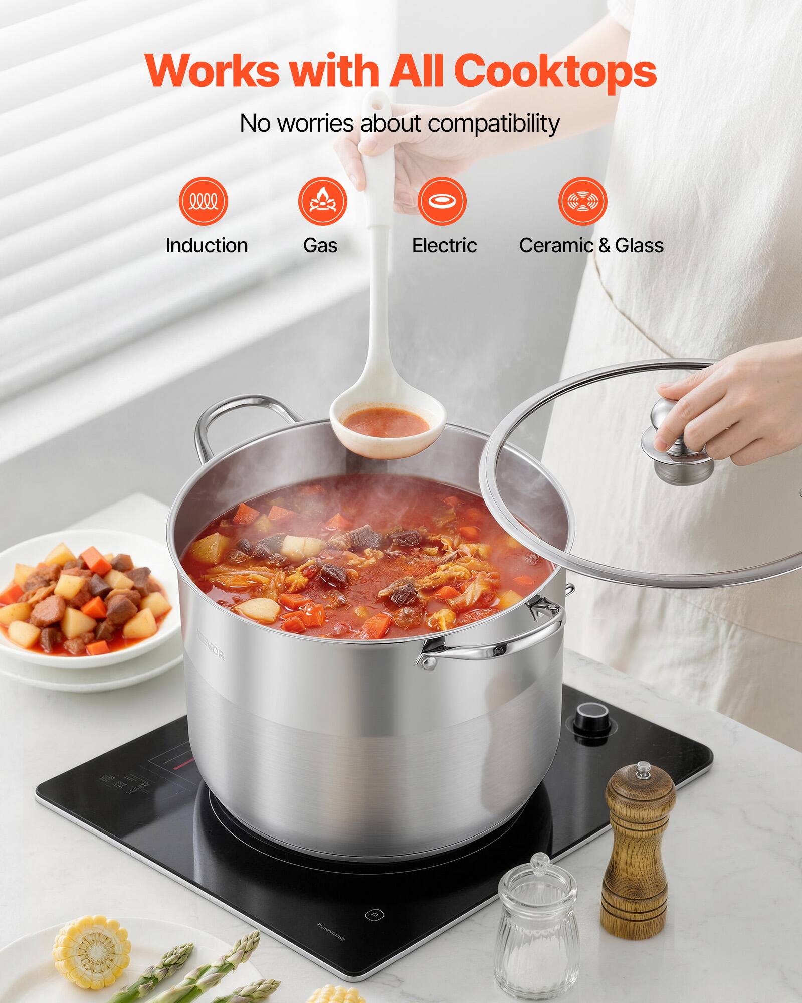 Works with All Cooktops  
No worries about compatibility  

- Induction  
- Gas  
- Electric  
- Ceramic & Glass