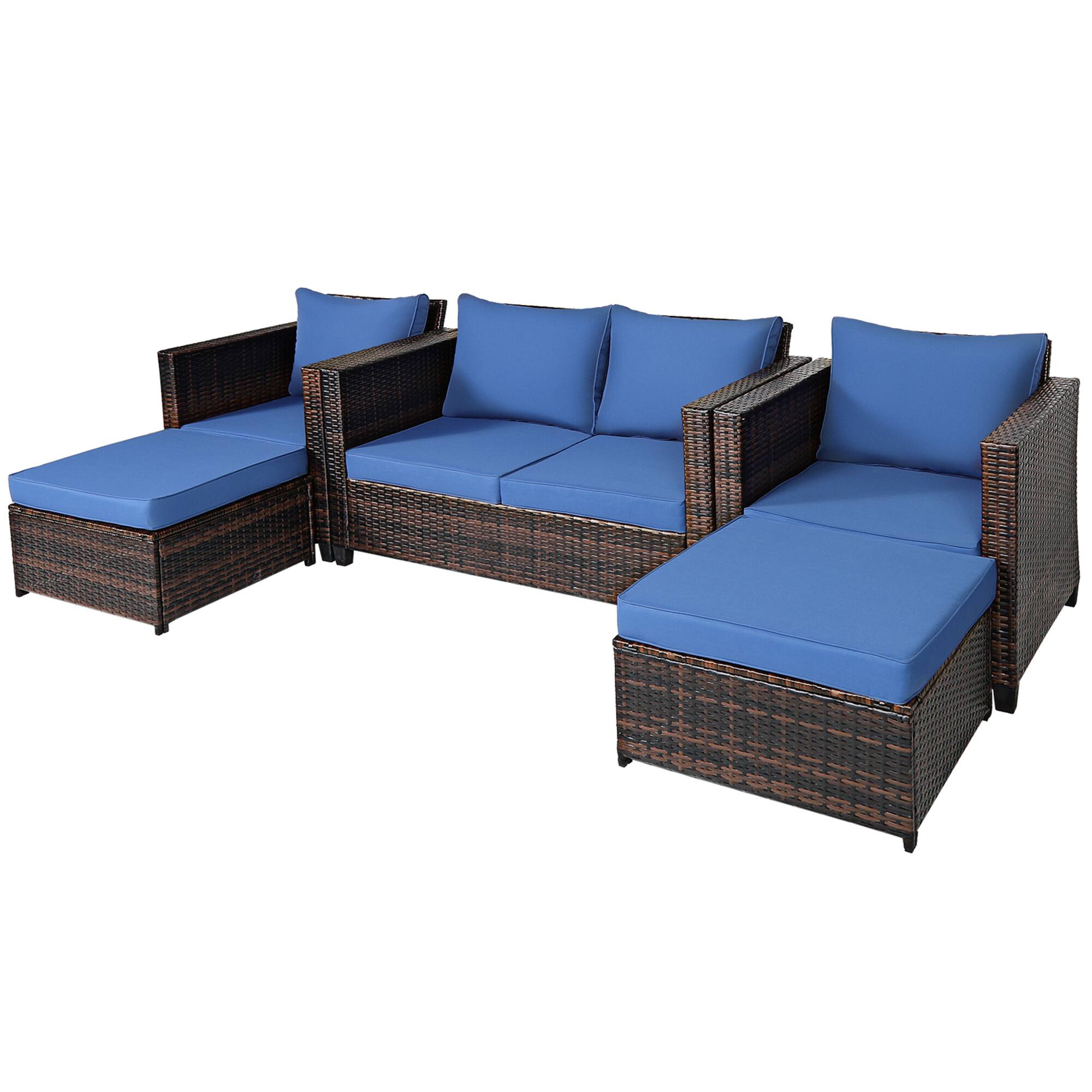 Alt View 8. Gymax - Gymax 5PCS Outdoor Patio Rattan Conversation Sofa Furniture Set w/ Navy Cushions - Navy.