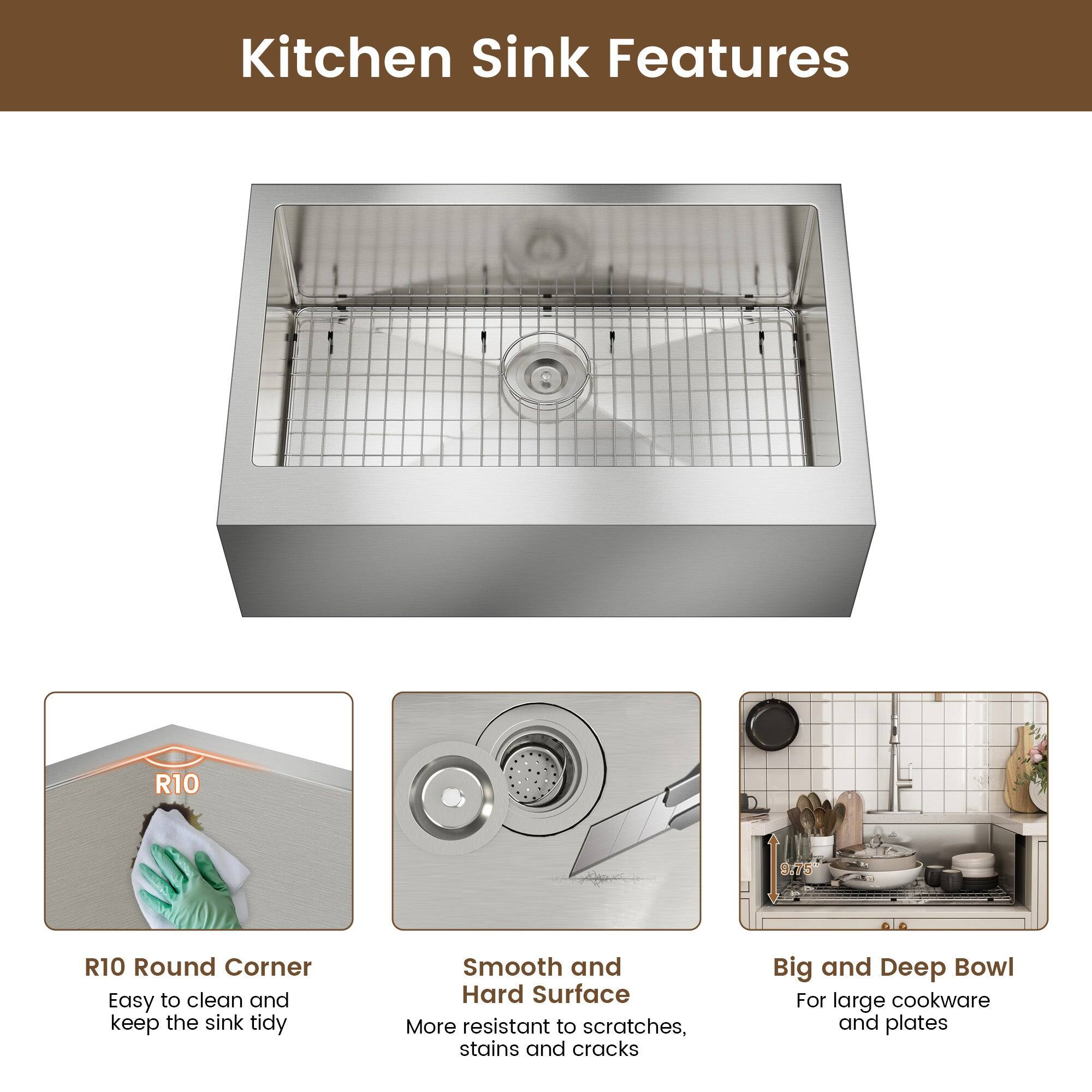 Kitchen Sink Features

R10 Round Corner
Easy to clean and keep the sink tidy

Smooth and Hard Surface
More resistant to scratches, stains and cracks

Big and Deep Bowl
For large cookware and plates