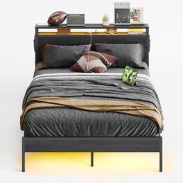 Bestier - Queen Size Bed Frame Platform Bed with Storage Headboard LED Lights and Charging Station - Black