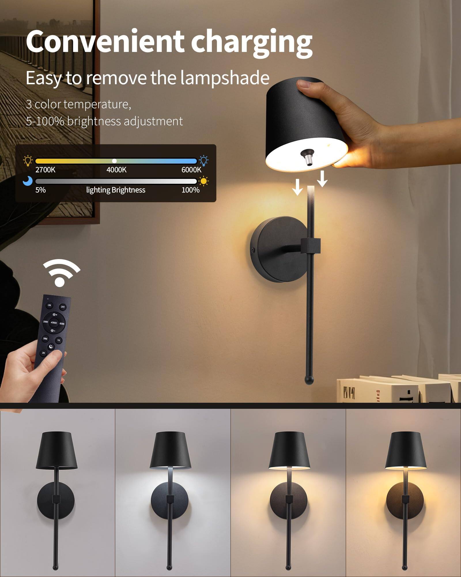 Convenient charging  
Easy to remove the lampshade  
3 color temperature, 5-100% brightness adjustment  
2700K 4000K 6000K  
5% lighting Brightness 100%