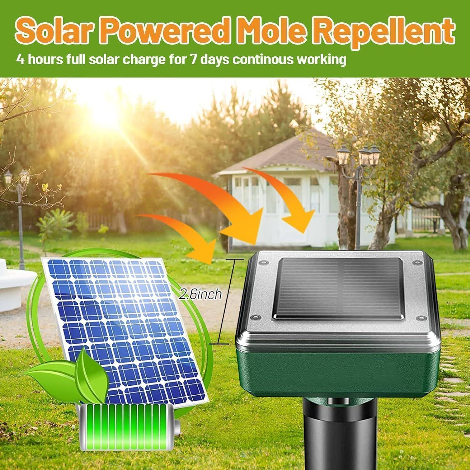 Solar Powered Mole Repellent  
4 hours full solar charge for 7 days continuous working  
2.6 inch