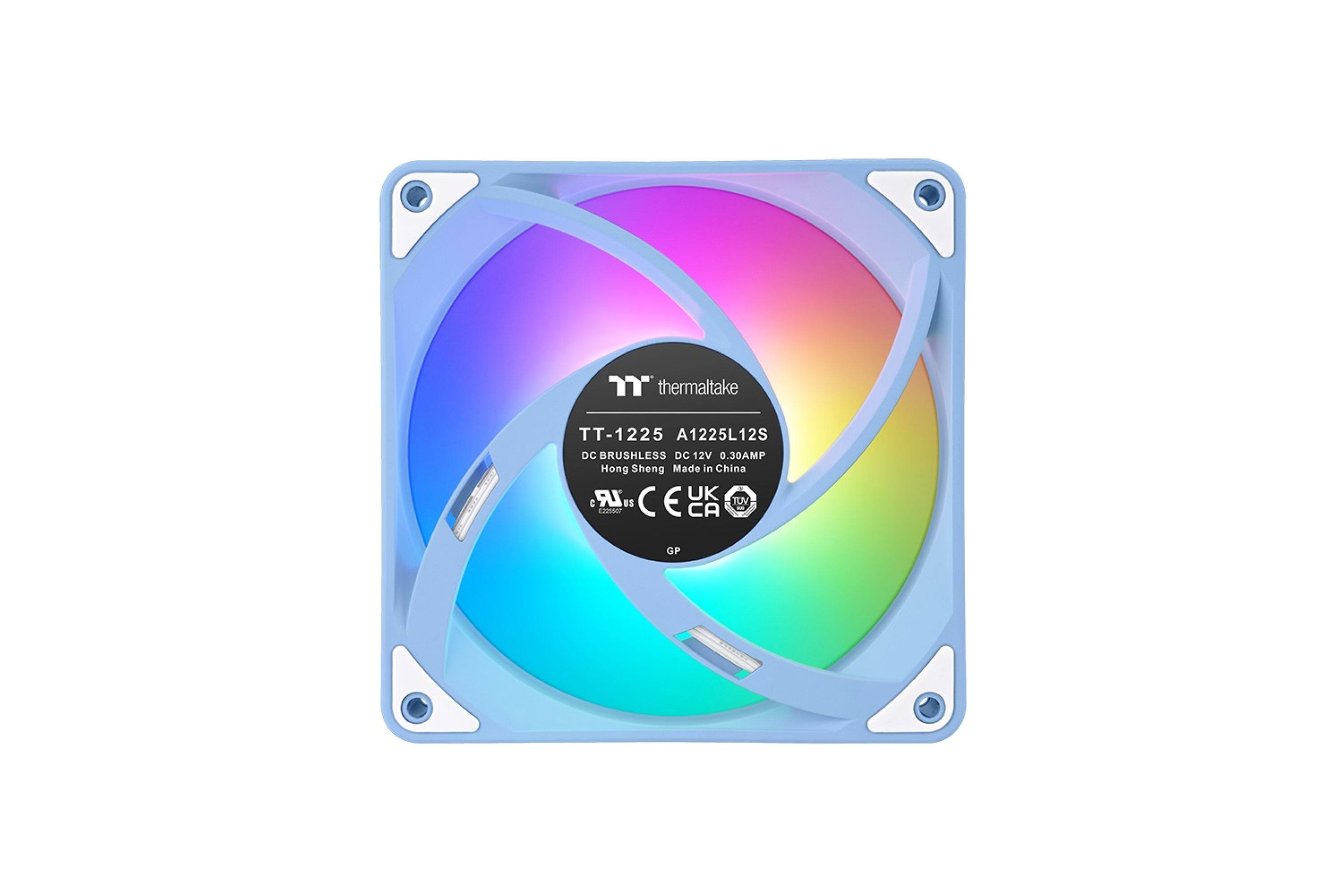 The text on the image reads: "thermaltake TT-1225 A1225L12S DC BRUSHLESS DC 12V 0.30AMP Hong Sheng Made in China LR UK TUM C EnMA US CE CA GP."