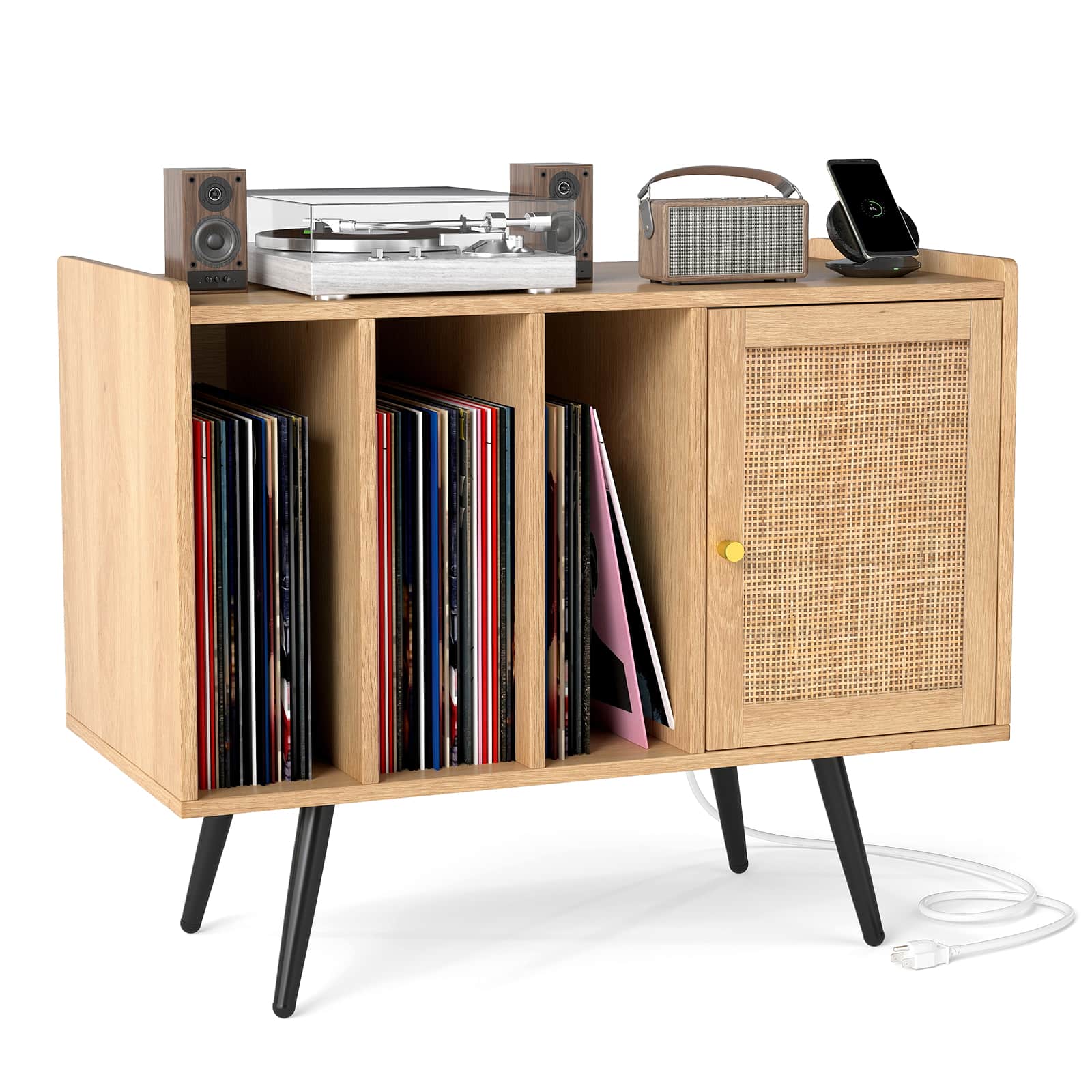 Gymax - Record Player Stand w/ Charging Station & Rattan Cabinet Adjustable Shelf - Yellow