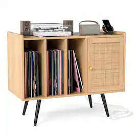 Gymax - Record Player Stand w/ Charging Station & Rattan Cabinet Adjustable Shelf - Yellow