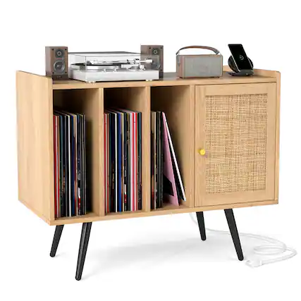Front. Gymax - Gymax Record Player Stand w/ Charging Station & Rattan Cabinet Adjustable Shelf - Yellow.