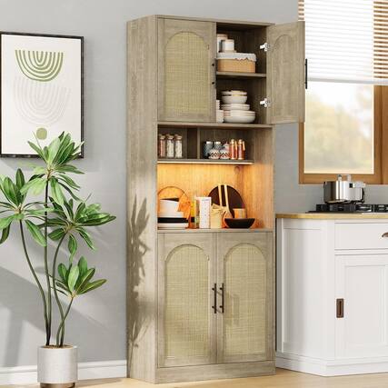 Front. Homhougo - 71" Tall Pantry Cabinet with Countertop, Kitchen Cabinets with LED Light Strip & Microwave Shelf, Kitchen Hutch Storage - Oak.